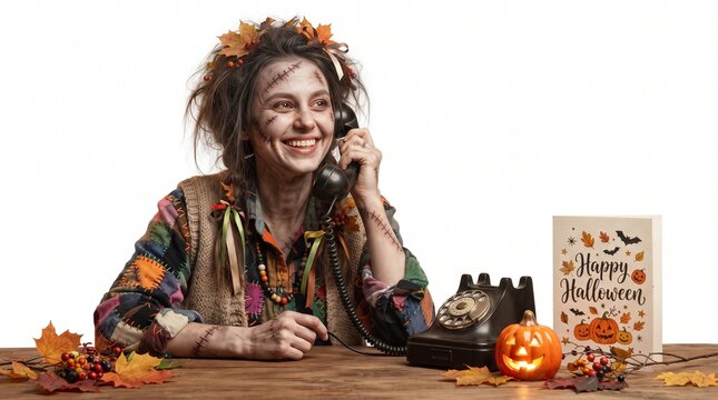 Smiling woman dressed as a forest witch with autumn leaves for a halloween celebration