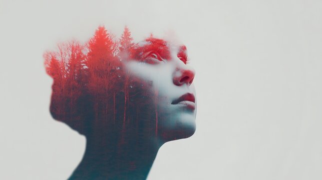 A surreal double exposure blending a contemplative woman's face with a red-tinted forest, symbolizing connection between human emotions and nature.