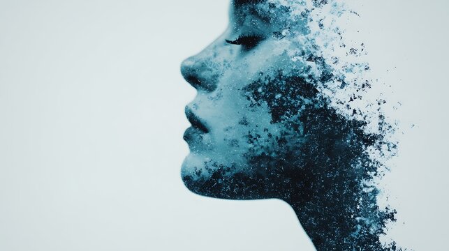 A side profile of a face dissolving into particles, blending human features with digital fragmentation in a surreal, artistic style.