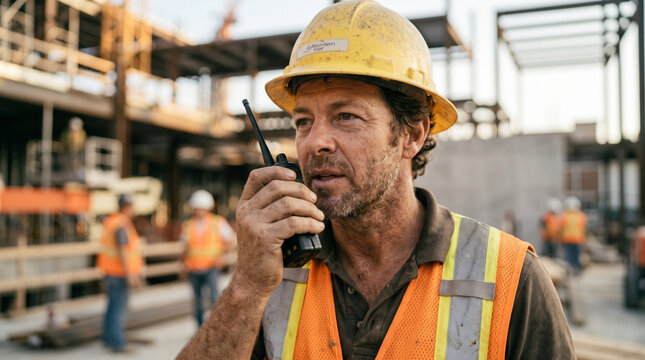 A dedicated male supervisor wearing a yellow safety hard hat and orange vest communicates with his team via portable walkie talkie while managing ongoing operations at a busy construction site