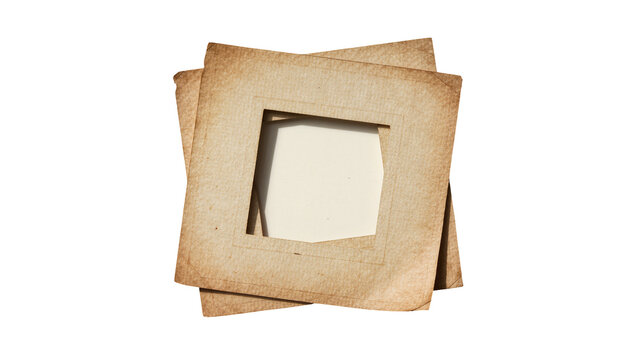Stack of aged sepia-toned photo mounts with square cutouts, isolated on transparent background