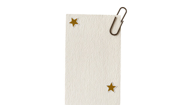 Textured paper note with gold stars and a metal paperclip, isolated on transparent background