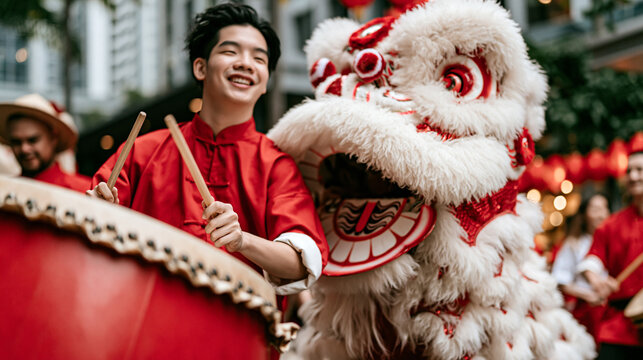 Smiling drummer performing beside lion dance costume at festive cultural celebration, vibrant traditional parade with music and red costumes.