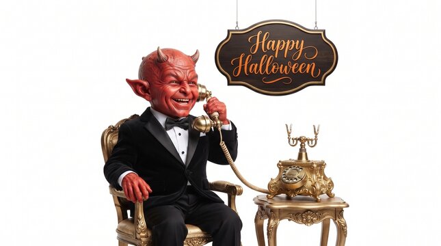 Figurine of a devil in a tuxedo talking on an old fashioned telephone
