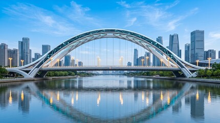 Fototapeta premium Modern arch bridge and city skyline reflecting on water