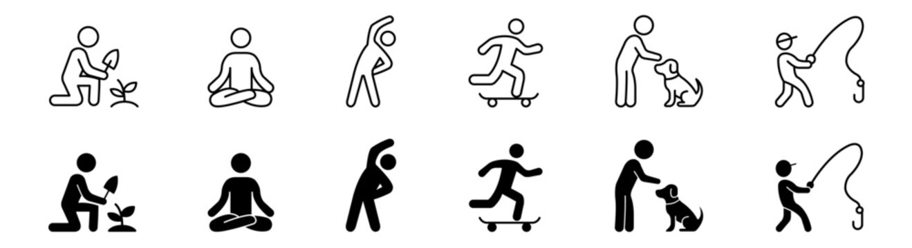 Human lifestyle and outdoor hobbies vector icon set featuring gardening, meditation, fitness, skateboarding, petting dog, and fishing in line and filled styles.