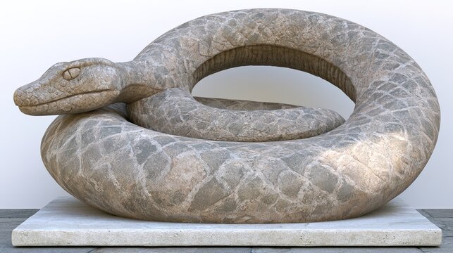 coiled. A monumental granite serpent sculpture coiled in a circle on a stone plinth. event programs, museum guides, designed for cultural heritage projects and event programs.