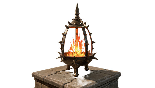 Ornate spiked medieval brazier with roaring flames, isolated on transparent background