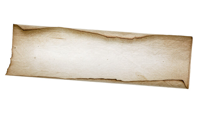 Aged burnt parchment scroll with frayed edges, isolated on transparent background