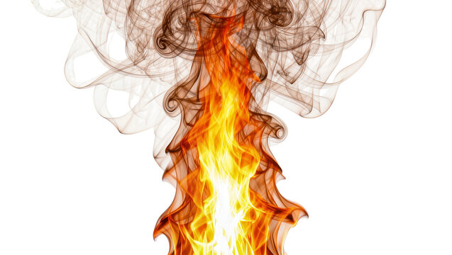 Fiery orange and yellow flames with swirling dark smoke, isolated on transparent background