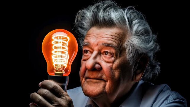 Elderly man holding a glowing light bulb. Senior scientist experimenting with energy. Innovation and creative idea concept for future scientific breakthrough research.