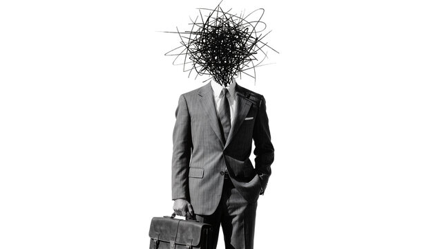 Man in suit with scribbled head holding briefcase, isolated on transparent background