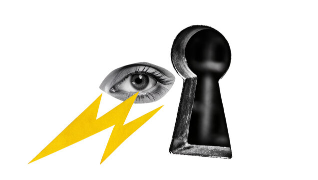 Human eye looking through a black keyhole, with yellow lightning bolt isolated on transparent background