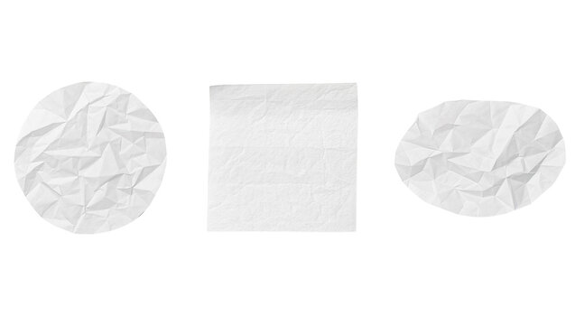 Three crumpled paper shapes circle square and oval, isolated on transparent background