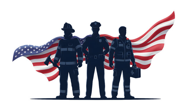 Silhouettes of american first responders including firefighter, police officer, and paramedic with flag isolated on transparent background