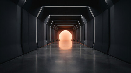 Fototapeta premium Futuristic hallway with bright light at the end of a dark corridor