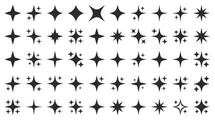 Fototapeta premium Black sparkle and starburst icon collection featuring various minimalist twinkling stars, glints, magic flare shapes, and light bursts isolated on white background