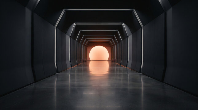 Futuristic hallway with bright light at the end of a dark corridor