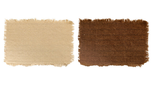 Two rough burlap fabric swatches one beige and one dark brown, isolated on transparent background