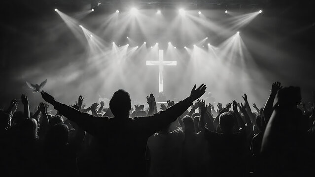 Silhouette of believer with hands raised during christian worship