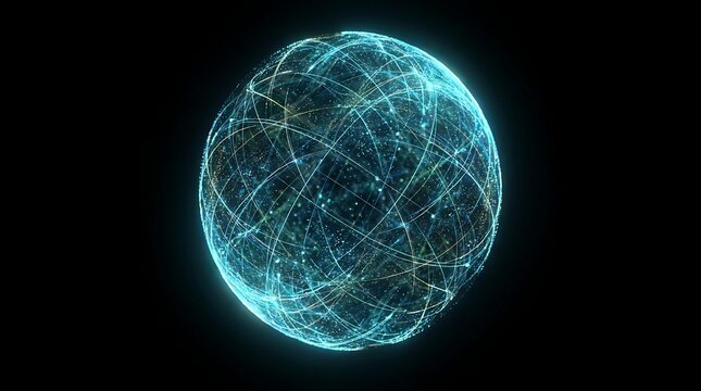 Cyber security data visualization showing a luminous technical planet model and virtual connections