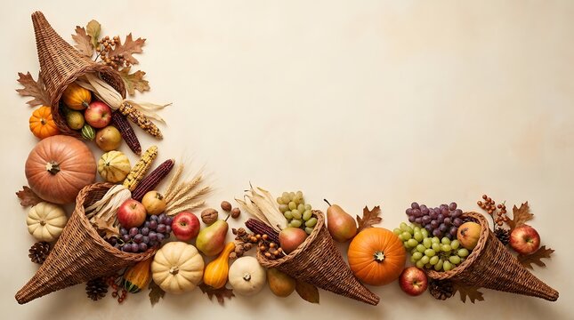 Beautiful autumn cornucopia border with seasonal fruits and vegetables on a light background