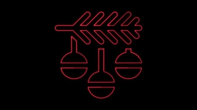 Red neon glowing christmas tree branch with hanging ornaments on a black background