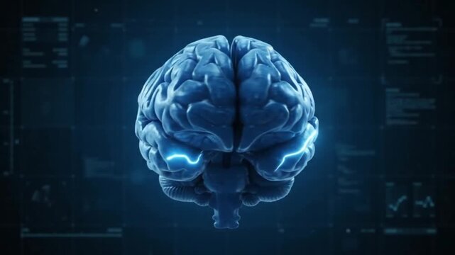3D animation of a human brain with futuristic digital interface and data analysis on dark blue background Medical science technology concept