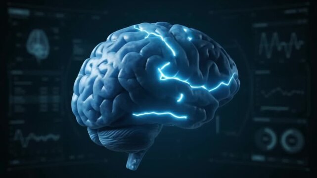 3D animation of human brain with medical data visualization and futuristic interface science and technology concept