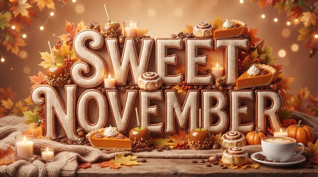 Sweet november festive lettering with autumn treats and cozy seasonal decor