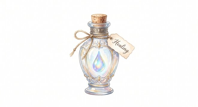 Magical glass potion bottle with iridescent healing liquid, vintage cork stopper, and label isolated on white background