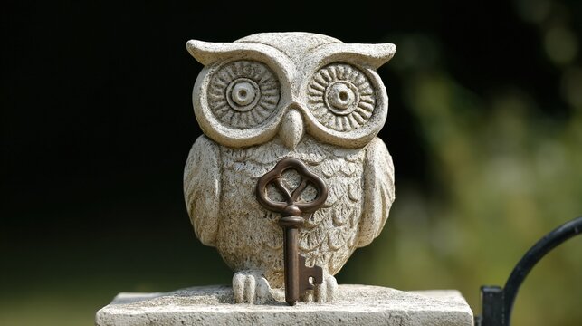 guardian. Stone owl sculpture holding a bronze key on a school gate pillar. event programs, museum guides, designed for cultural heritage projects and event programs.