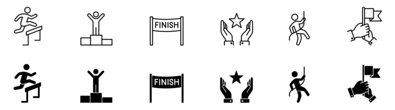 Success, achievement, and overcoming challenges vector line and filled icon set for business goals and motivation.