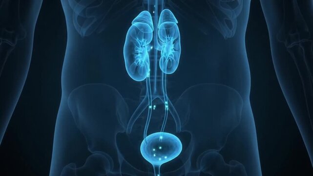 3D animation of human urinary system with glowing kidneys and bladder medical science health concept