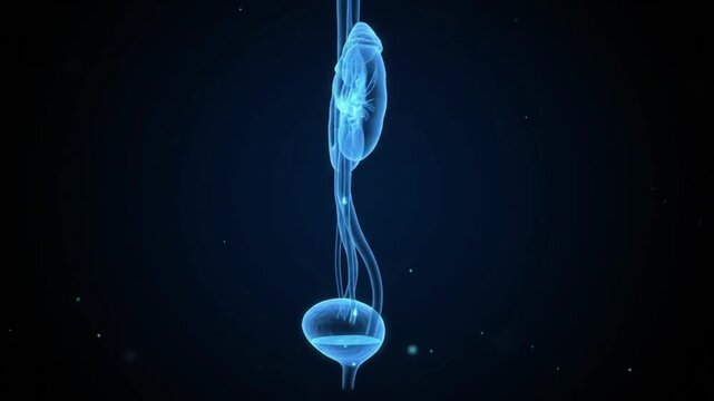 3D animation of the human urinary system with glowing blue kidneys and bladder on a dark background