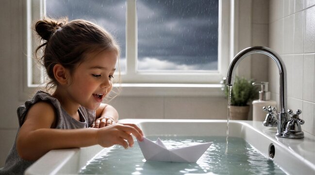 Girl playing with paper boat in sink on a rainy day