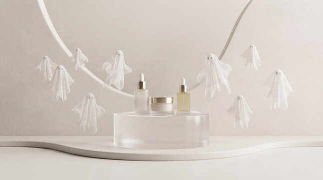 Elegant white cosmetic products arranged with flowing fabric on a neutral background
