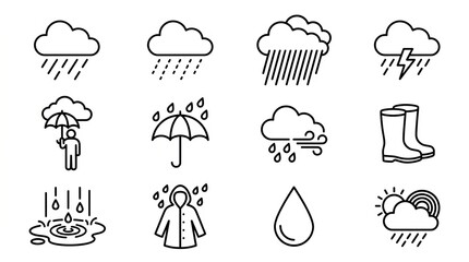 Obraz premium Illustrative Weather Symbols with Rain, Umbrellas, and Rainy Gear.