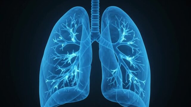 3D glowing blue human lungs animation respiratory system medical science dark background