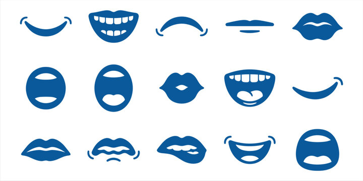 Collection of Blue Cartoon Mouths and Lips Expressions.
