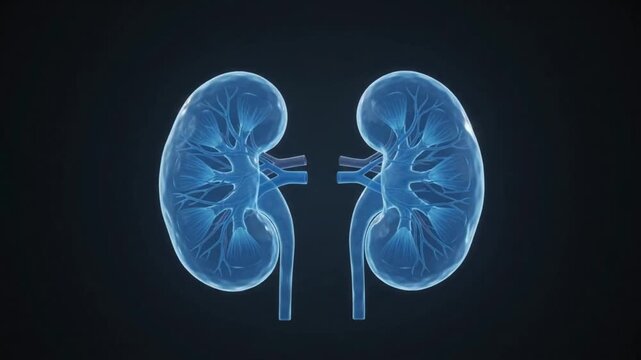 3D Medical Animation Detailed Human Kidney Anatomy Transparent Blue Black Background