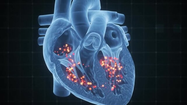 3D Medical Animation Human Heart Anatomy X Ray Cardiology Science Health Care Blue Glowing Digital Grid Background