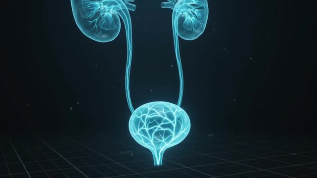 3D medical animation of human kidneys and urinary system with blue glow on dark grid background