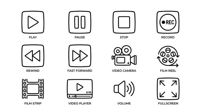 Modern Video and Audio Control Icons Set for Digital Media.
