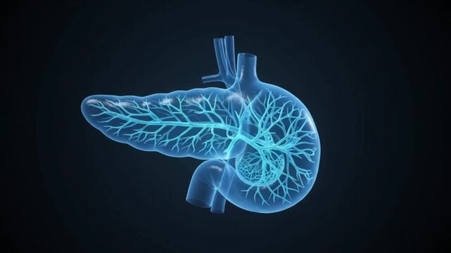 3D Medical Animation of Human Pancreas Anatomy with Glowing Blue Vessels on Dark Background