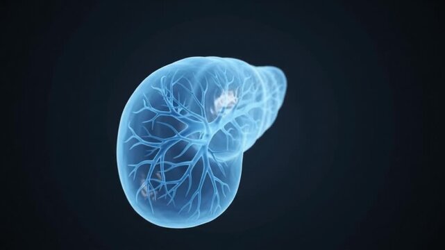 3D Medical Animation of Human Pancreas with Blood Vessels Blue Glow on Black Background