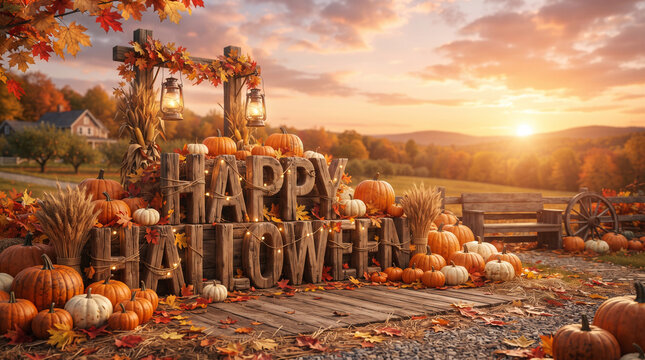 Magical halloween castle built from pumpkins at sunset autumn scene