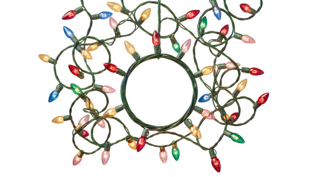 Colorful decorative christmas string lights arranged in a round circle shape