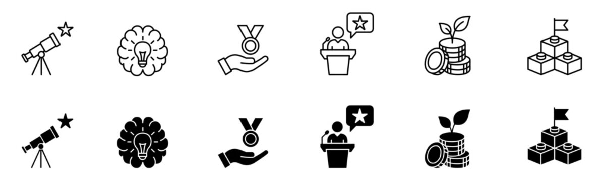 Business strategy and innovation vector icon set featuring vision, idea, leadership, and growth symbols in line and filled styles for UI design.
