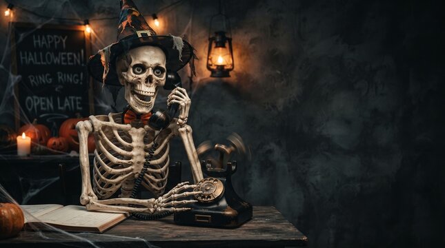 Dramatic halloween still life with skeleton holding a vintage pocket watch